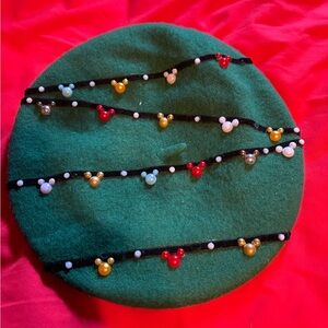 Green Christmas Beaded Beret Hat with Mickey Beads